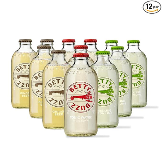 Betty Buzz Premium Sparkling Soda Classic Mixer Variety Pack by Blake Lively (12 pack), Tonic Water, Ginger Beer, Sparkling Lemon Lime, | Real Juice, Natural Flavors, Only Clean Ingredients
