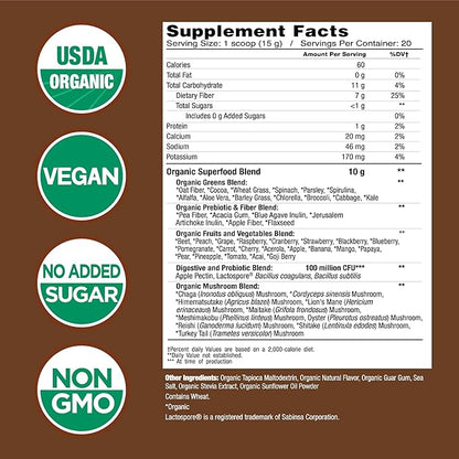 COUNTRY FARMS Super Greens Chocolate Flavor, 50 Organic 20 Servings, 10.6 Oz