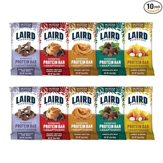 Laird Superfood Functional Protein Bars – Protein Bar but Better with Real Ingredients, Functional Mushrooms 10g Plant-Based Protein, 6g Fiber - Non-GMO - 5 Flavor Variety Pack, 10 Count (Pack of 1)