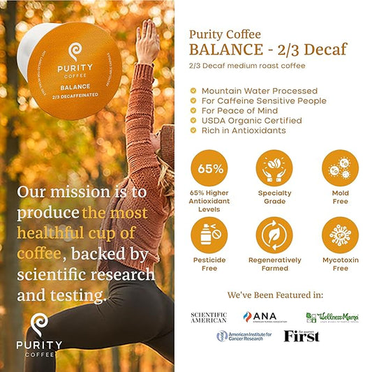 Purity Coffee BALANCE ⅔ Decaf Medium Roast Coffee Single-Serve K Pods (12ct Cups) - Specialty-Grade Mountain Water Processed Decaf + Regular Arabica Blend- USDA Certified Organic Decaffeinated - Third Party Tested for Mold, Mycotoxins, Pesticide Residue