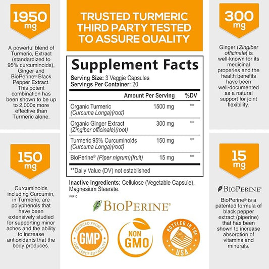 Turmeric Curcumin with BioPerine & Ginger 95% Curcuminoids 1950mg - 60 Capsules
