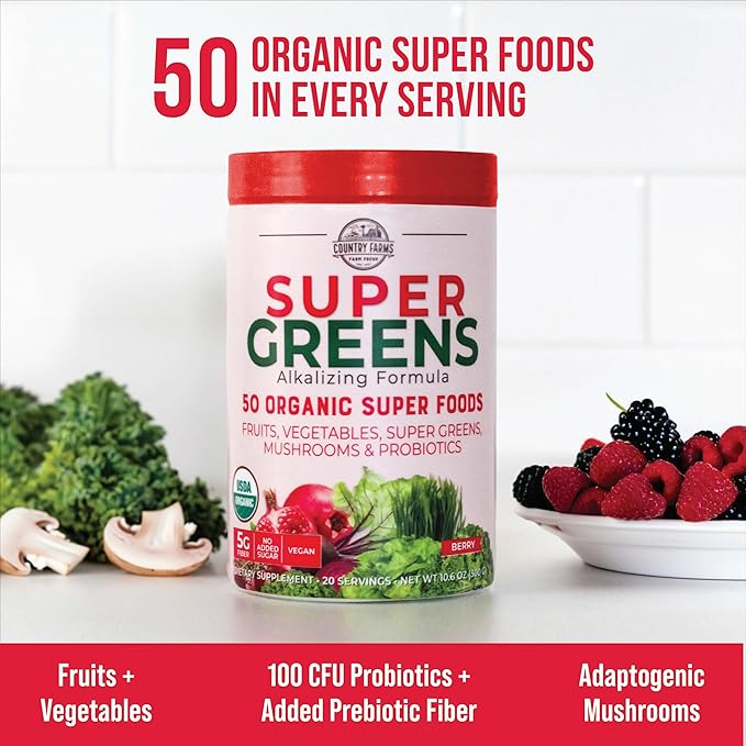 Country Farms Super Greens Berry Flavor, 50 Organic 20 Servings, 10.6 Oz