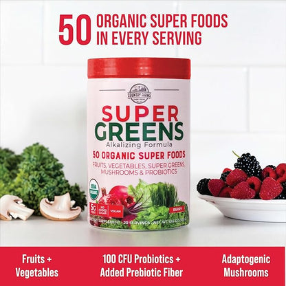 Country Farms Super Greens Berry Flavor, 50 Organic 20 Servings, 10.6 Oz