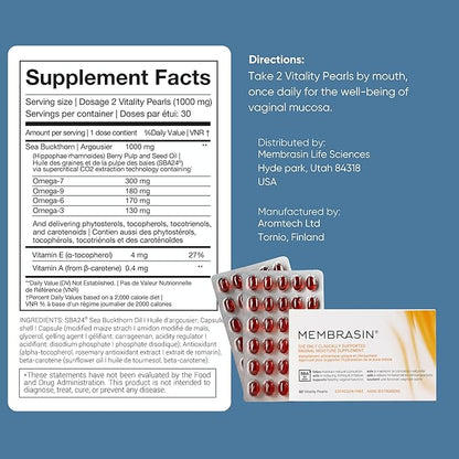 Membrasin Vitality Pearls | 60 Pills | Natural Feminine Hydration for Menopause Support & Lasting Comfort | Estrogen-Free Daily Oral Supplement to Help Relieve Vaginal Dryness, Burning & Itching
