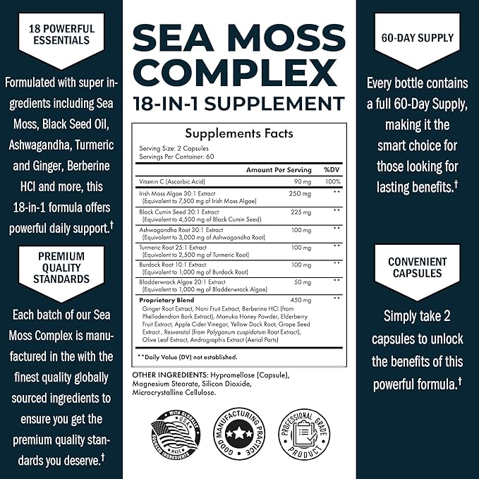 BioSchwartz Sea Moss Black Seed Oil Ashwagandha Ginger Supplement with Turmeric Berberine HCI Burdock Bladderwrack Resveratrol Elderberry Manuka Honey Apple Cider Vinegar ACV - 120 Sea Moss Capsules
