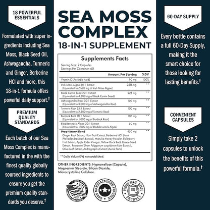 BioSchwartz Sea Moss Black Seed Oil Ashwagandha Ginger Supplement with Turmeric Berberine HCI Burdock Bladderwrack Resveratrol Elderberry Manuka Honey Apple Cider Vinegar ACV - 120 Sea Moss Capsules