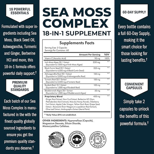 BioSchwartz Sea Moss Black Seed Oil Ashwagandha Ginger Supplement with Turmeric Berberine HCI Burdock Bladderwrack Resveratrol Elderberry Manuka Honey Apple Cider Vinegar ACV - 120 Sea Moss Capsules