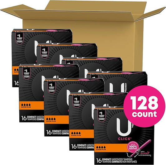 U by Kotex Click Compact Tampons, 128 Count (8 Packs 16) (Packaging