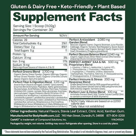 BodyHealth Greens Enhanced with PerfectAmino - Daily Superfood Green Apple Smoothie Powder with Vegetables, Fruit, Antioxidants, Prebiotics, Probiotics, Fiber, and Protein - 30 Servings