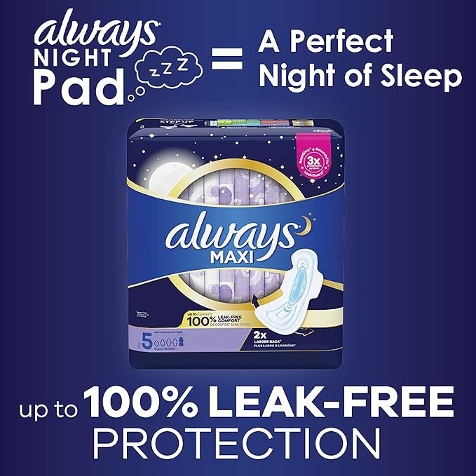 Always Maxi Overnight Pads with Wings, 5, Extra 36 Count