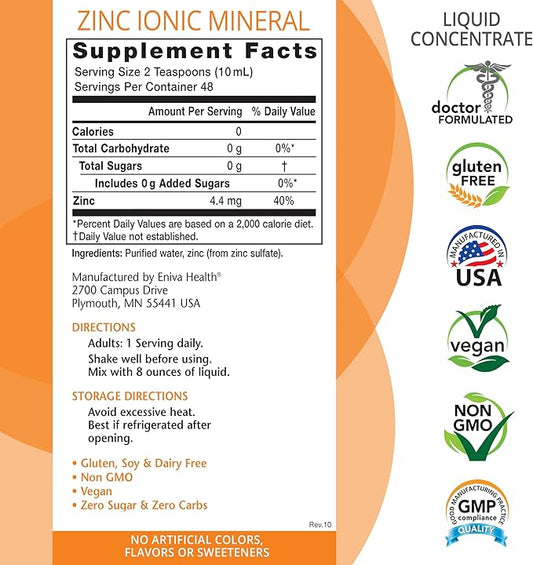 Eniva Health Liquid Ionic Zinc Supplement (16oz) Immune Health, Vision, Skin. Doctor Formulated. NO Calories. NO Sugar. Perfect for Low-Carb, Keto & Flu. by