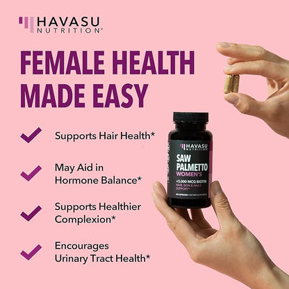 Saw Palmetto for Women with Biotin 5000mcg - Powerful DHT Blocker to Support Hair, Skin, and Nail Health - 120 Count - Vegan, Non-GMO Vitamin for Stronger, Fuller Looking Locks - 2 Month Supply