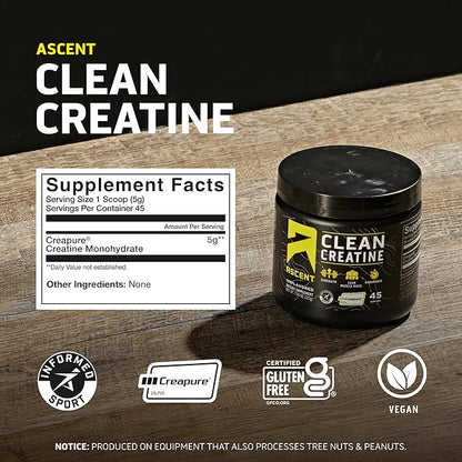 Ascent Clean Creatine Monohydrate Powder - 5G Per Serving, Creapure Creatine Supplement - Unflavored, 45 Servings