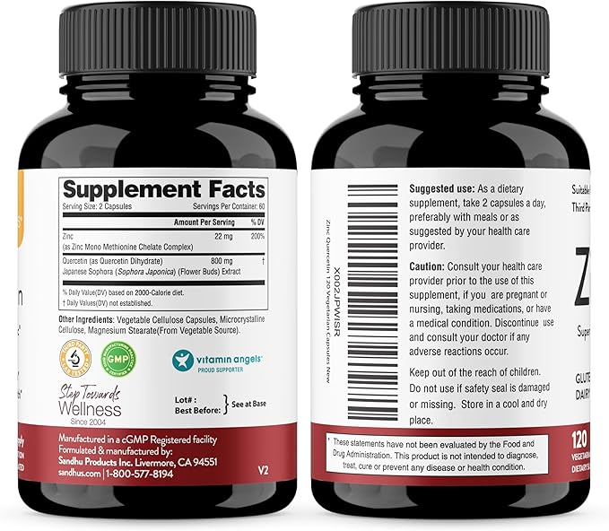 Sandhu's Zinc Quercetin 120 Vegetarian Capsules 3) –