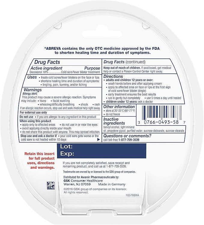 Abreva 10 Percent Docosanol Cold Sore 2.5 Days 0.07 oz 2