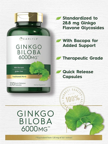 Carlyle Ginkgo Biloba Pills 6000mg | 200 Capsules