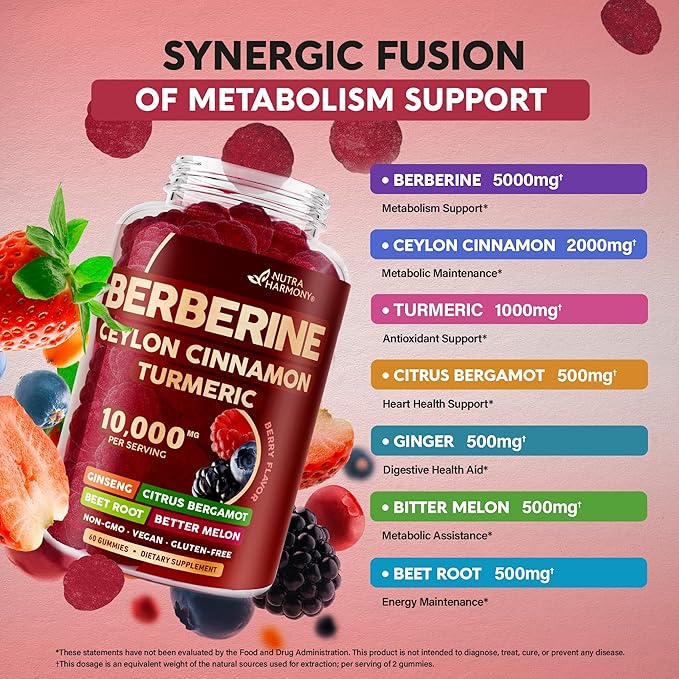 Berberine with Ceylon Cinnamon Gummies 10000 mg 7-in-1 Heart 60 Gummies