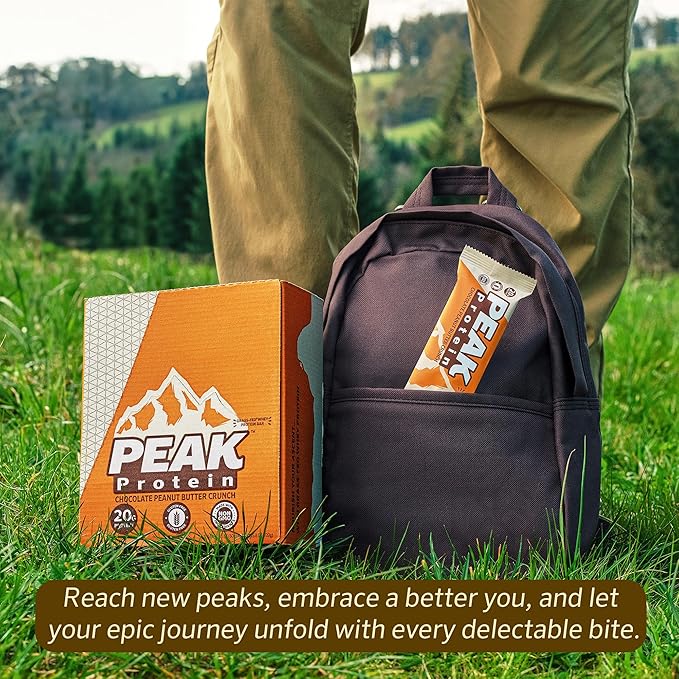 PEAK PROTEIN BARS - Chocolate Peanut Butter Crunch - Natural - Grass-Fed Whey - 20G Protein - Non-GMO - Gluten Free - Organic Milk Chocolate (12 Bars)