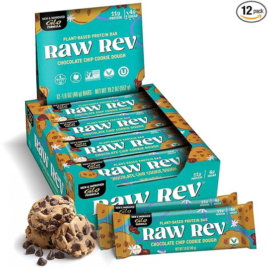 Vegan Protein Bars Chocolate Chip Cookie Dough with Low Sugar High Protein, 11g Protein, 4g Sugar, 11g Fiber, Keto, Plant Protein, Raw Rev Protein Bars High Protein Snacks for Adults, Pack of 12