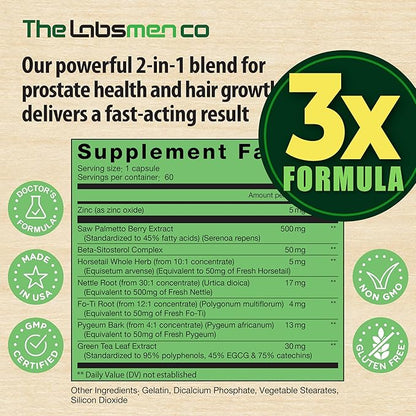 3X Formula Natural Prostate Health Supplements for Men - 1235mg Saw Palmetto Reduce Nighttime Bathroom Trips + Hair Growth/Hair Loss Prevention, 2-Mons