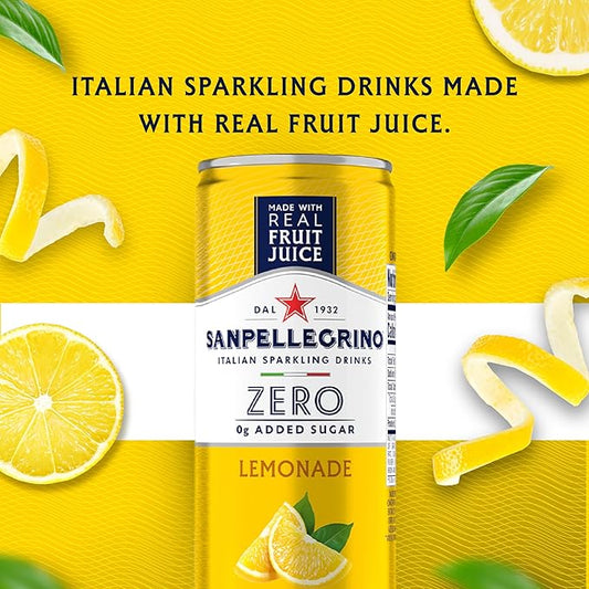 Sanpellegrino Zero Grams Added Sugar Italian Sparkling Drinks Lemonade, Sparkling Lemon Beverage, 24 Pack of 11.15 Fl Oz Cans