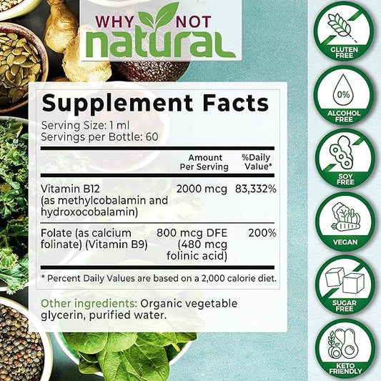 Why Not Natural Vitamin B12 Liquid Plus Folate - Organic Sublingual Extra Strength Vegan Drops - Methyl B12 and Folinic Supplement