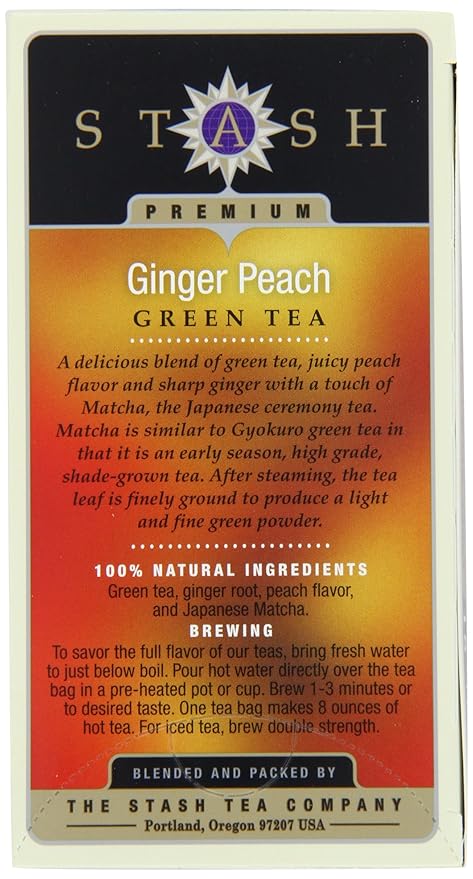 Stash Tea Ginger Peach Green Tea - Caffeinated, Non-GMO Project Verified Premium Tea with No Artificial Ingredients, 18 Count (Pack of 6) - 108 Bags Total