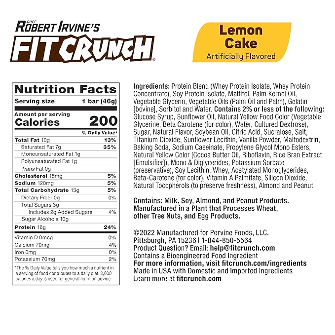 FITCRUNCH Snack Size Protein Bars, 6-Layer Baked Bar, 3g of Sugar & Soft Cake Core (18 Bars, Lemon Cake)