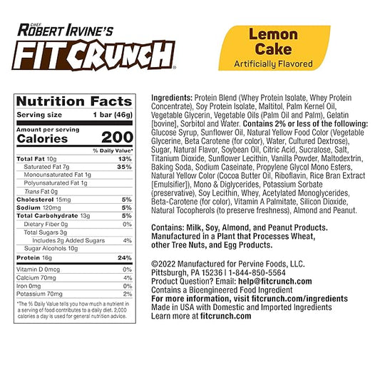FITCRUNCH Snack Size Protein Bars, 6-Layer Baked Bar, 3g of Sugar & Soft Cake Core (18 Bars, Lemon Cake)