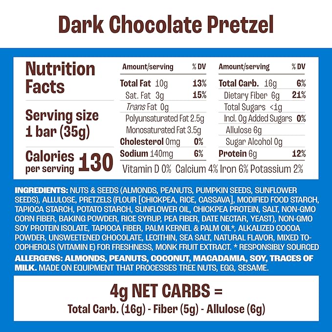 Munk Pack Keto Snack Bars, Dark Chocolate Pretzel - Low Carb Nut Bar with 6g Protein, 1g Sugar with Allulose - Gluten Free & Low Glycemic - 12 Count