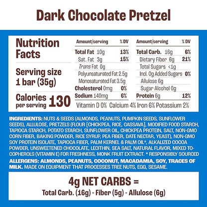 Munk Pack Keto Snack Bars, Dark Chocolate Pretzel - Low Carb Nut Bar with 6g Protein, 1g Sugar with Allulose - Gluten Free & Low Glycemic - 12 Count