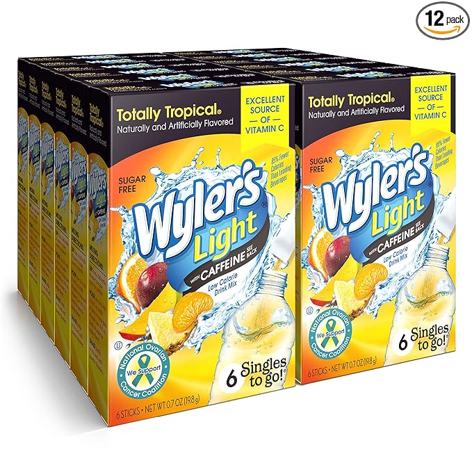 Wyler's Light Singles to Go Caffeinated Drink Mix - Totally Tropical Powder Sticks -72 Total Servings (Pack of 12)