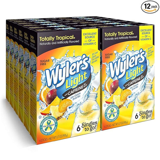 Wyler's Light Singles to Go Caffeinated Drink Mix - Totally Tropical Powder Sticks -72 Total Servings (Pack of 12)