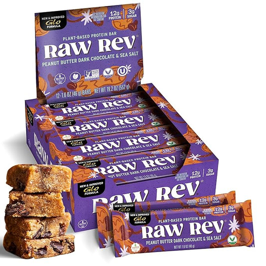 Peanut Butter Dark Chocolate & Sea Salt "New and Improved Glo" Vegan Protein Bars, 12g of Plant-Based Protein with Only 3g of Sugar, Pack of 12