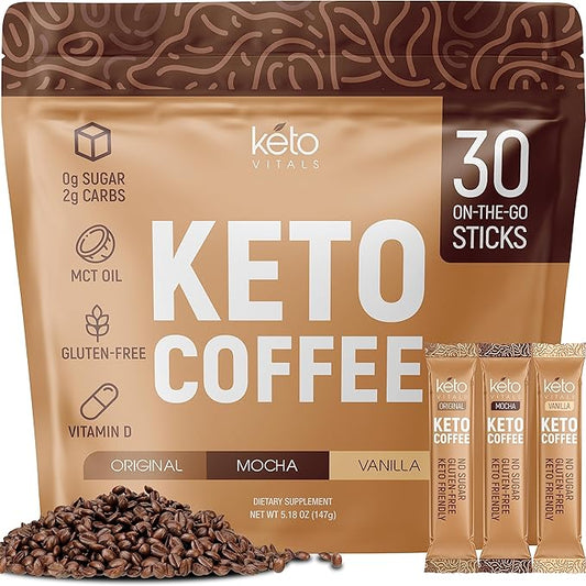 Keto Vitals Instant Keto Coffee Powder - Low-Calorie Sweetened Coffee Packets, Single Serve - Instant Mix in Original, Vanilla, & Mocha Flavors - 30 Count