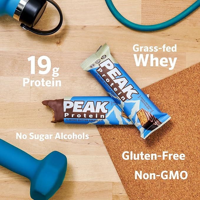 PEAK PROTEIN BARS - Almond Butter Amaretti - Natural - Grass-Fed Whey - 19G Protein - Non-GMO - Gluten Free - Organic Milk Chocolate (12 Bars)