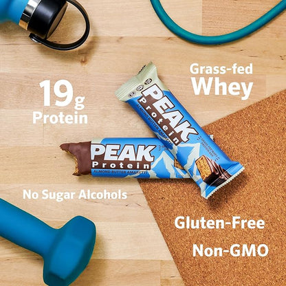 PEAK PROTEIN BARS - Almond Butter Amaretti - Natural - Grass-Fed Whey - 19G Protein - Non-GMO - Gluten Free - Organic Milk Chocolate (12 Bars)