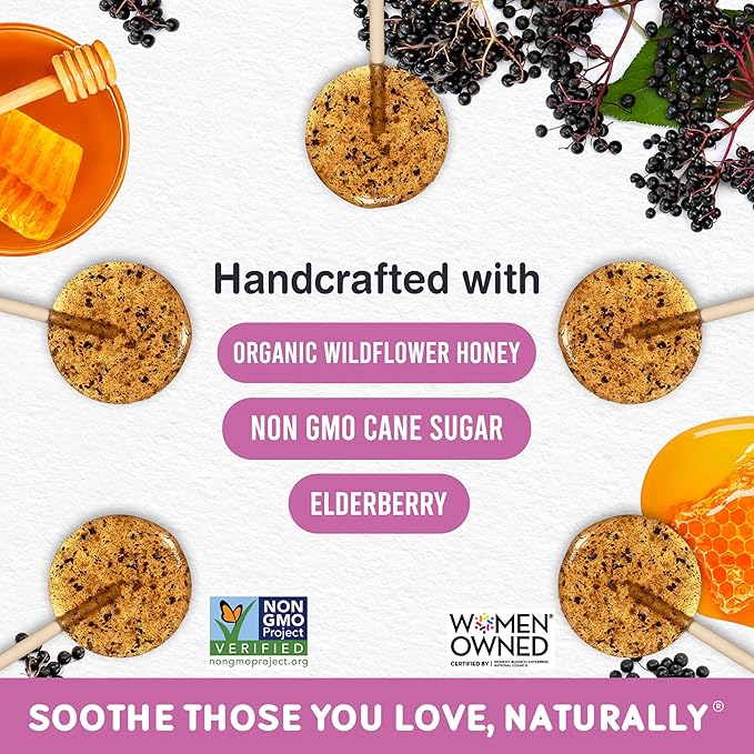 MommaBear Organics Handcrafted Kids Cough Lollipops – Natural Sore Throat Relief & Cough Drop Suckers for Kids 3+ – Elderberry Bits, Honey & Organic Flavors – Tightly Sealed for Freshness - 10 Count