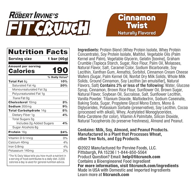 FITCRUNCH Snack Size Protein Bars, 6-Layer Baked Bar, 3g of Sugar & Soft Cake Core (9 Bars, Cinnamon Twist)