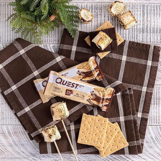 Quest Nutrition S'mores Protein Bar, 31g Protein, 4g Net Carbs, 1g Sugar, Gluten Free, Keto Friendly, 4 Count