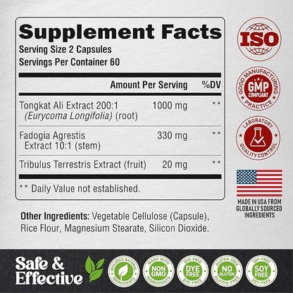 Tongkat Ali Men 1350mg Complex - Fadogia Agrestis | Tribulus Terrestris - Energy, Strength & Performance Support - Extra Strength 200:1 Extract - 3rd Party Tested, Made in USA - 120 Capsules / 2 Month