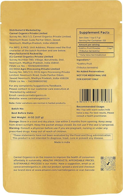 CARMEL ORGANICS Natural Gokhru/Gokhsuru Fruit Powder 8 Ounce 0.5 Lb/ 227 Grams(Pack 1)| Tribulus