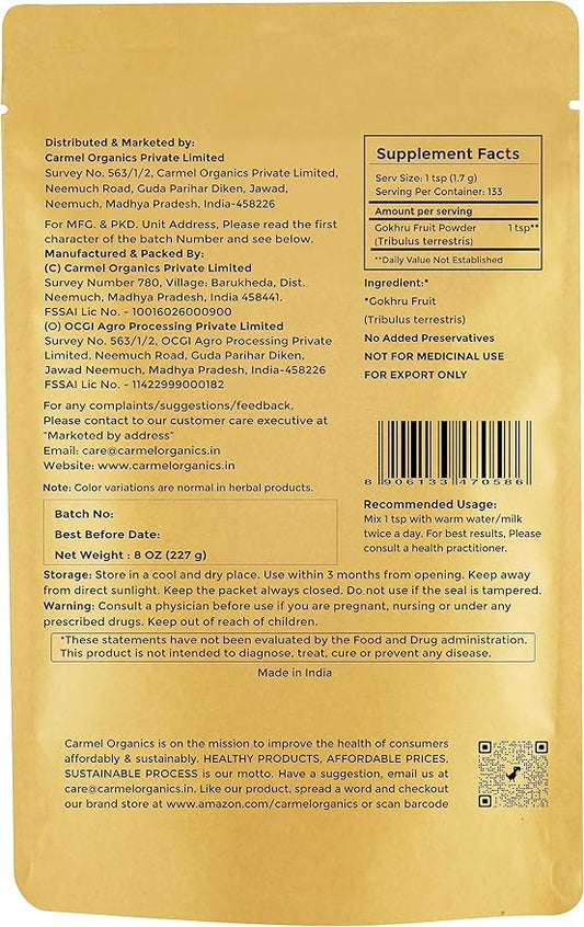 CARMEL ORGANICS Natural Gokhru/Gokhsuru Fruit Powder 8 Ounce 0.5 Lb/ 227 Grams(Pack 1)| Tribulus