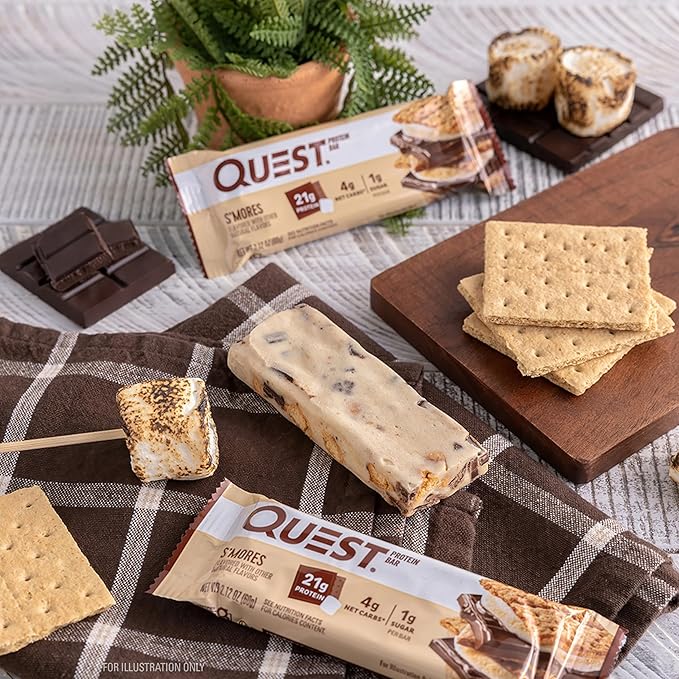 Quest Nutrition S'mores Protein Bar, 31g Protein, 4g Net Carbs, 1g Sugar, Gluten Free, Keto Friendly, 4 Count