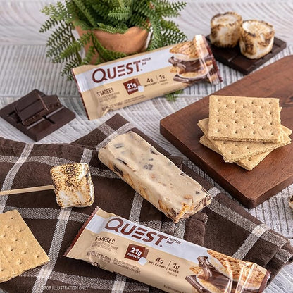 Quest Nutrition S'mores Protein Bar, 31g Protein, 4g Net Carbs, 1g Sugar, Gluten Free, Keto Friendly, 4 Count