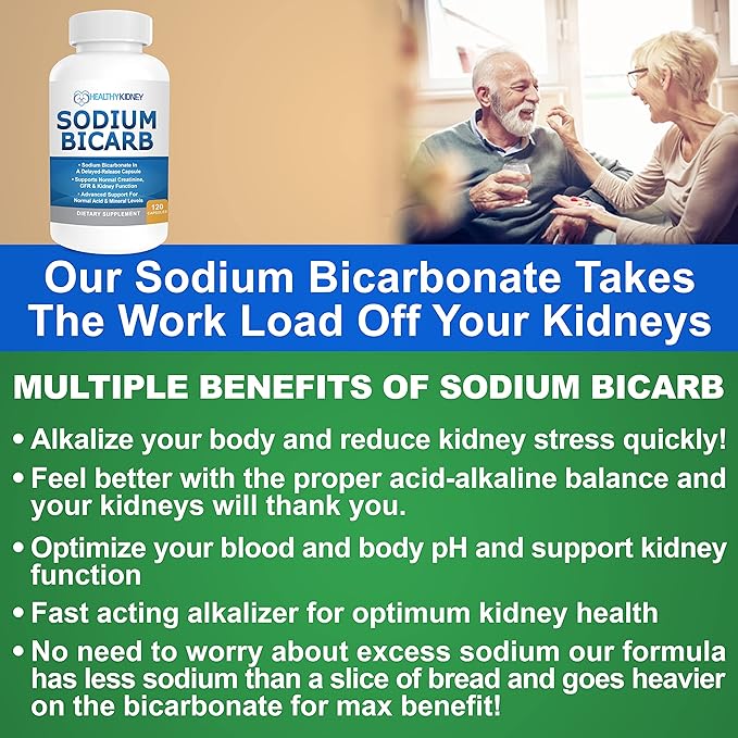 Sodium Bicarbonate 650mg Capsules Delayed Release for Supporting Normal Kidney Function & Kidney Health Supplement. Sodium Bicarbonate Designed for Kidney Support, Acid Relief, Alkalinity 120 Pills