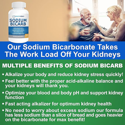 Sodium Bicarbonate 650mg Capsules Delayed Release for Supporting Normal Kidney Function & Kidney Supplement. Sodium Bicarbonate for Acid Relief, Alkalinity 120 Pills 2-Pack