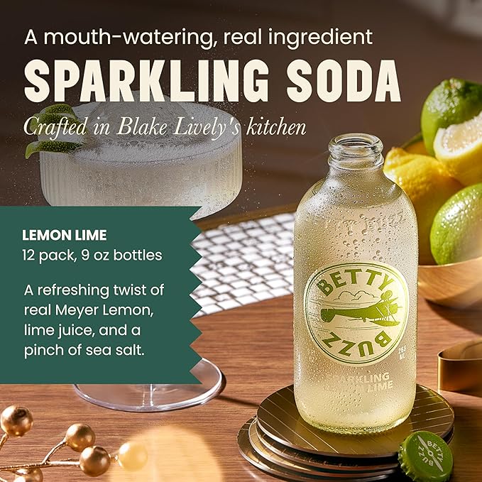Betty Buzz Sparkling Lemon Lime Premium Sparkling Soda by Blake Lively (12 pack) | Natural Flavors & Sweeteners, Only Clean Ingredients