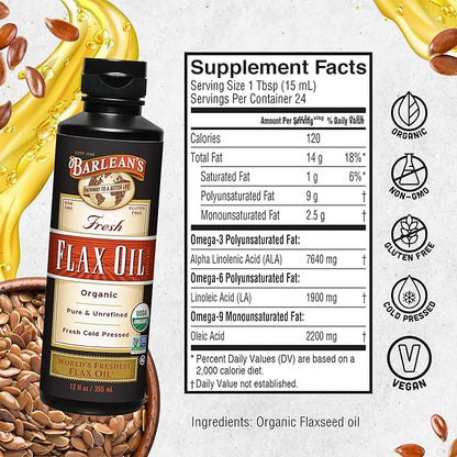 Barlean's Organic Flaxseed Oil Liquid, Cold 7,640mg ALA 3 Fatty 12 oz
