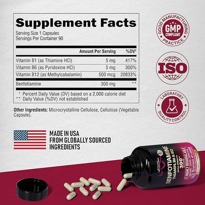 Benfotiamine 300 mg B1 - B12 & B6 - 90 Capsules